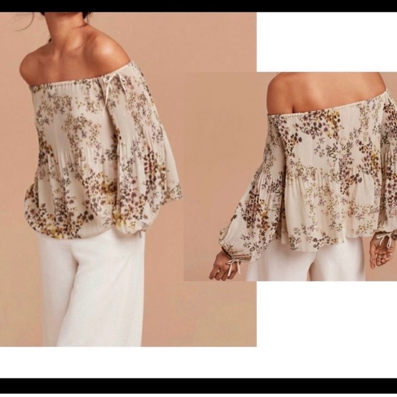 Aritzia Wilfred Talence pleated off shoulder blouse floral flower print cream XS - Picture 2 of 12